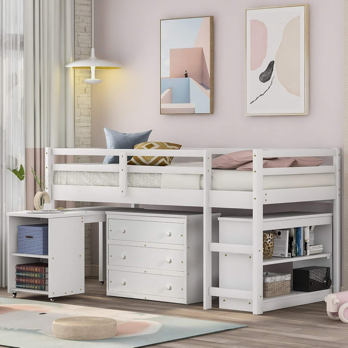 Gray Solid Wood Twin-Size Low Loft Bed Frame with Ladder M106605
