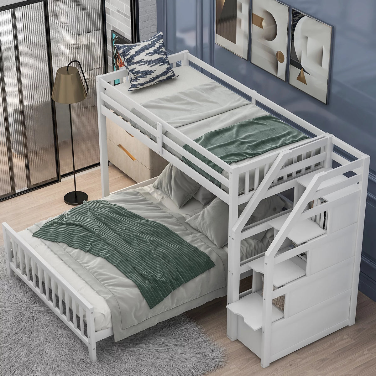 Wood Twin Loft Bed with Full Platform Bed and Drawers M986