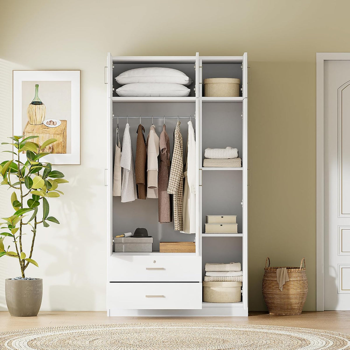 White 3-Door Mirror Wardrobe Closet with 2 Drawers E5133