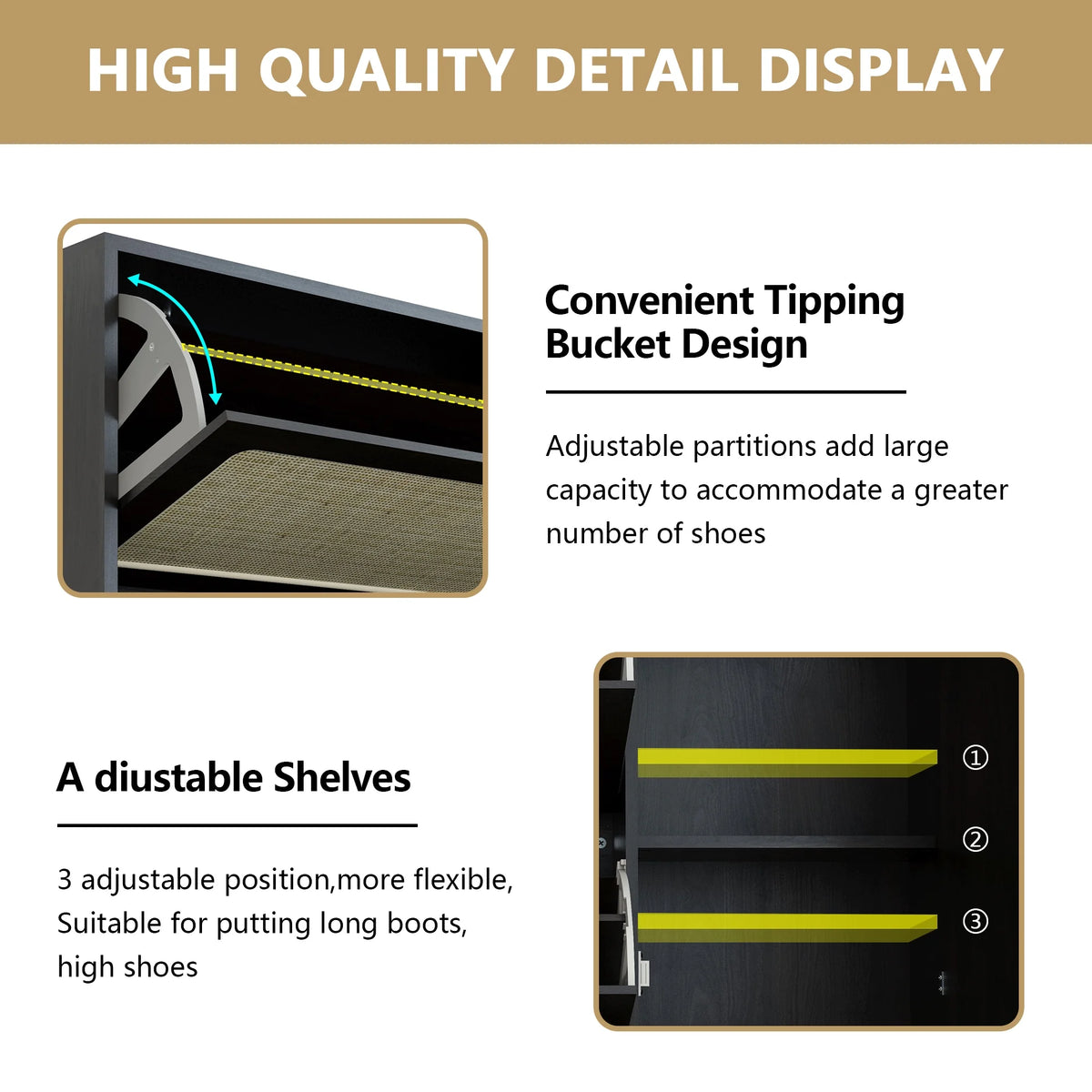 48" Wide Black Wood Shoe Cabinet with 3 Flip Doors V230033