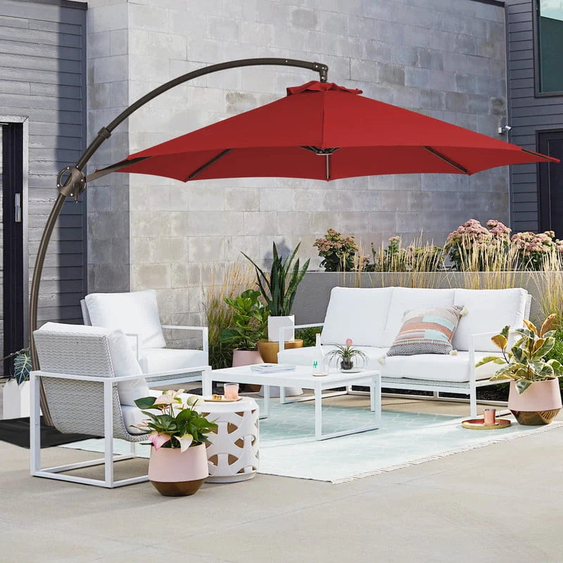 11ft Curvy Cantilever Offset Hanging Patio Umbrella with Base, Beige E7584