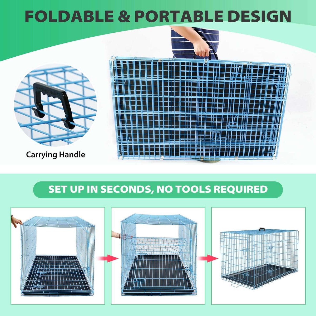 Foldable Large Dog Crate with Handle Double-Door Metal Wire B9160