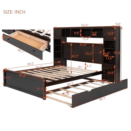 White Full Size Platform Bed with Bookcase Headboard and Storage Drawers N690