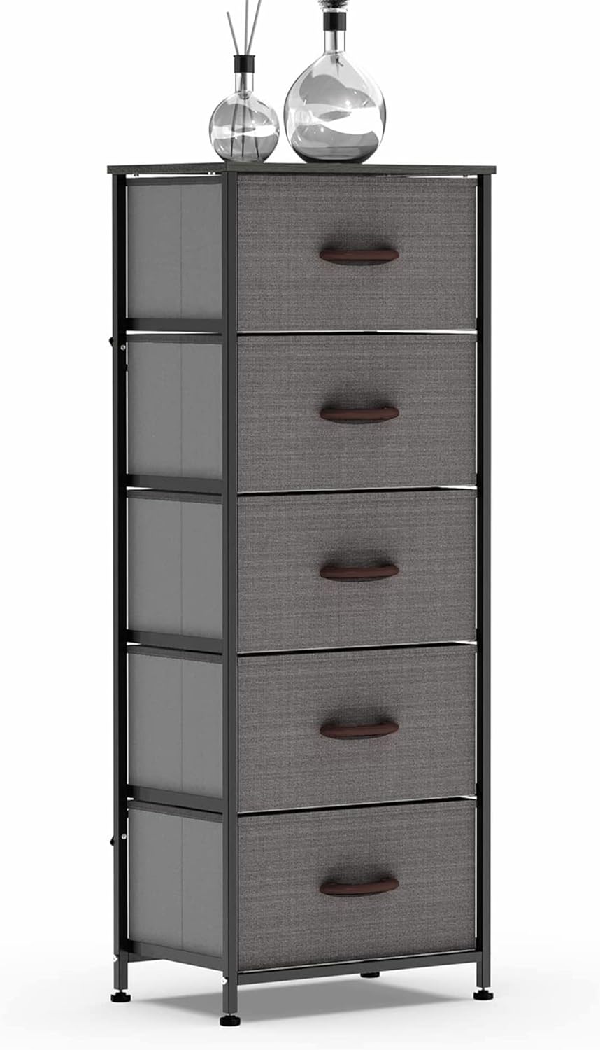 Vertical Dresser Storage Tower, Steel Frame, Wood Top, Textured Fabric Bins, 5 Drawers, BROWN X37815