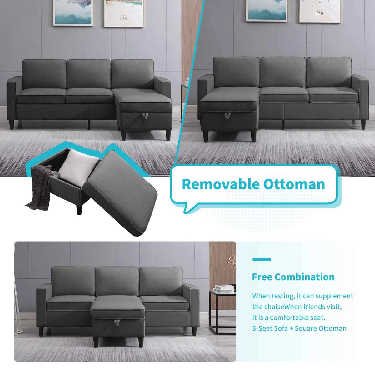Convertible Sectional Sofa Couch, 3 Seat L Shaped Sofa with Storage Ottoman Dark Grey E259