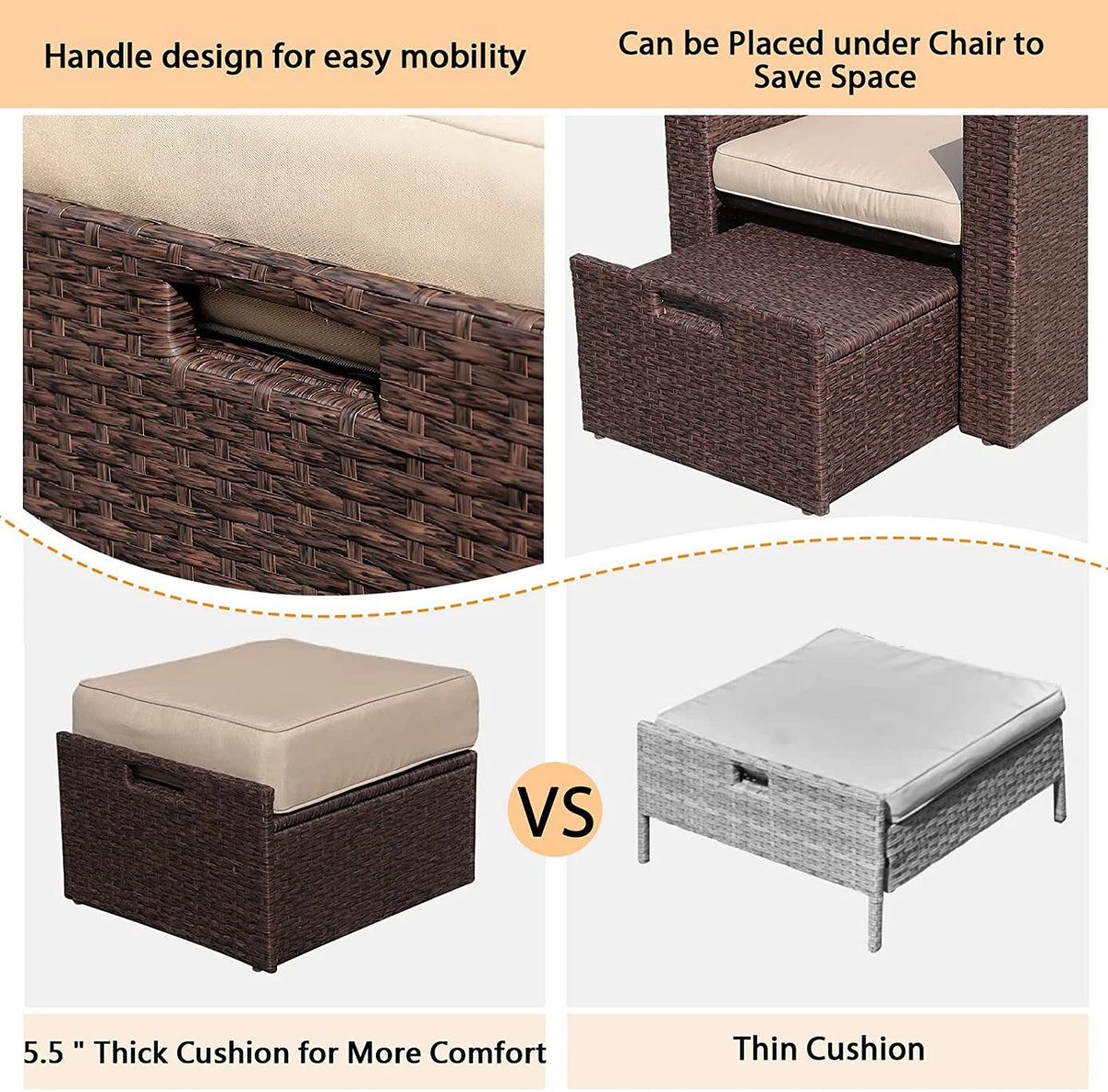 7 Piece PE Wicker Sofa Ottoman with 3 Red Pillows C996180