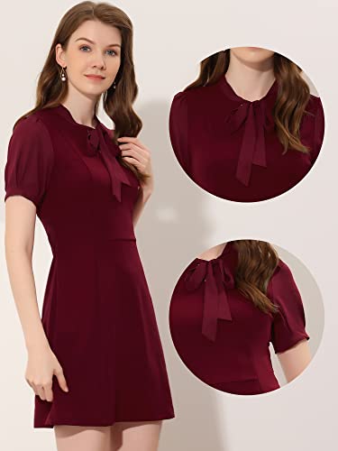 Tie Neck Puff Short Sleeve Office Work Dress P86833