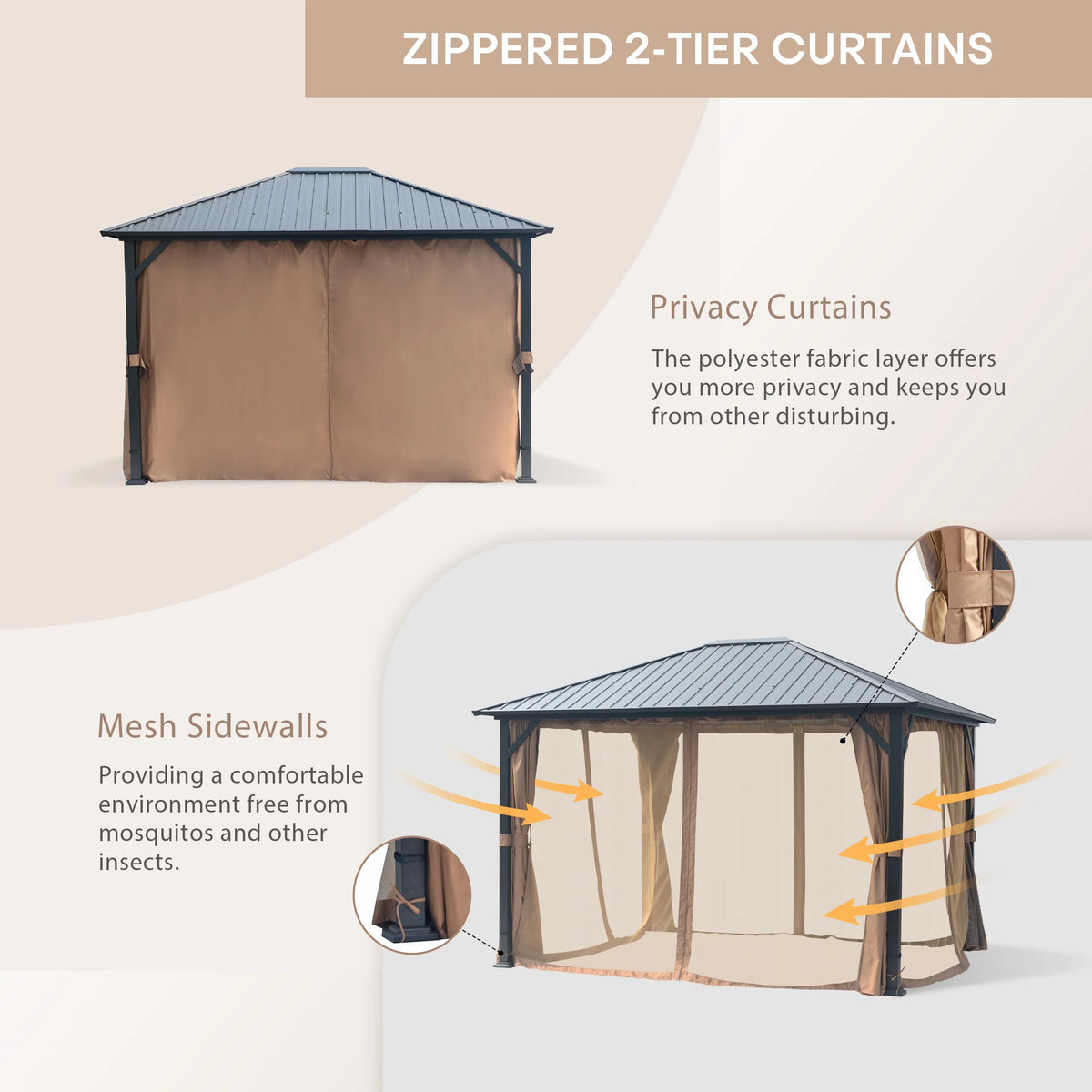 10' x 12' Hardtop Metal Gazebo with Netting and Curtains H2516