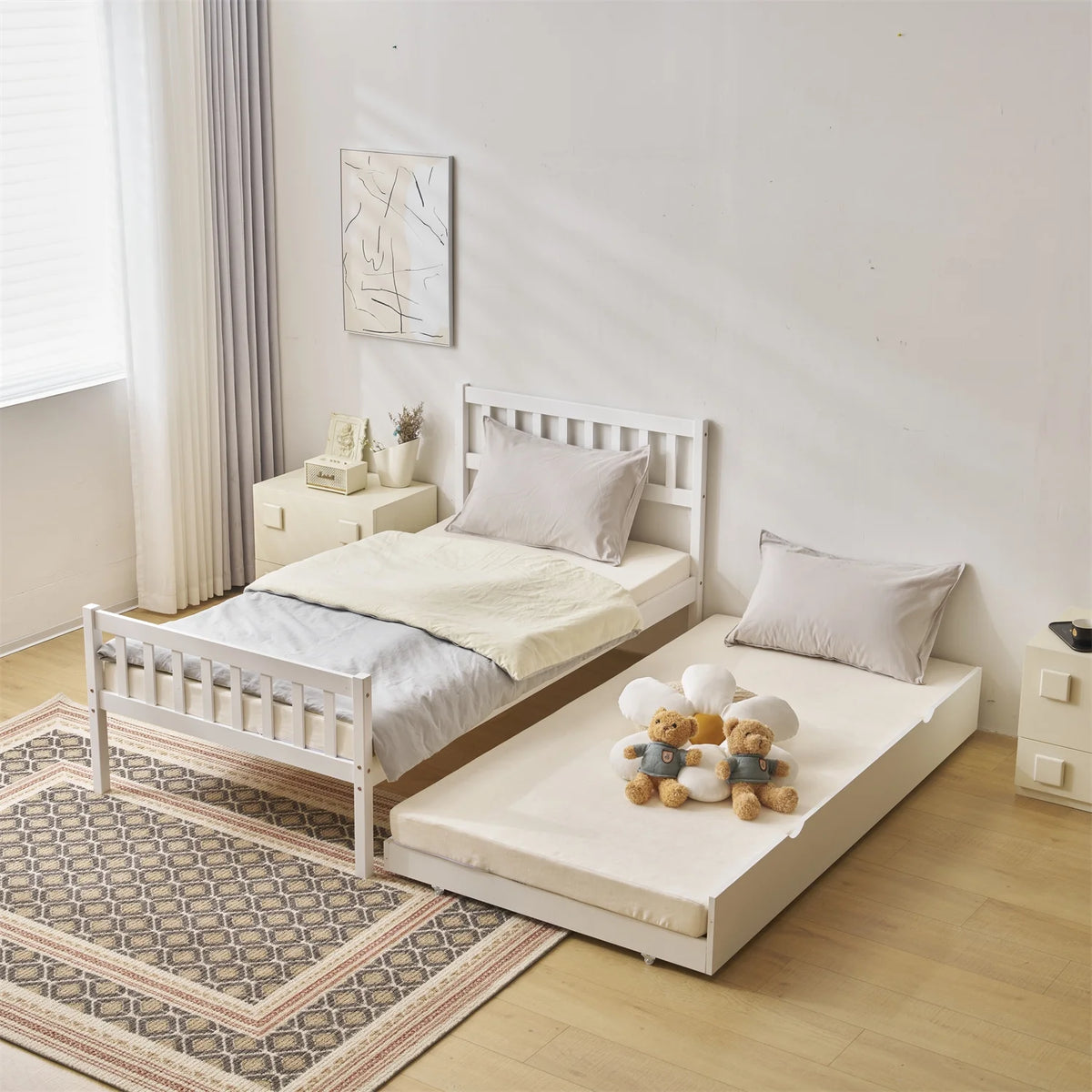 White Twin Bed with Trundle M9979