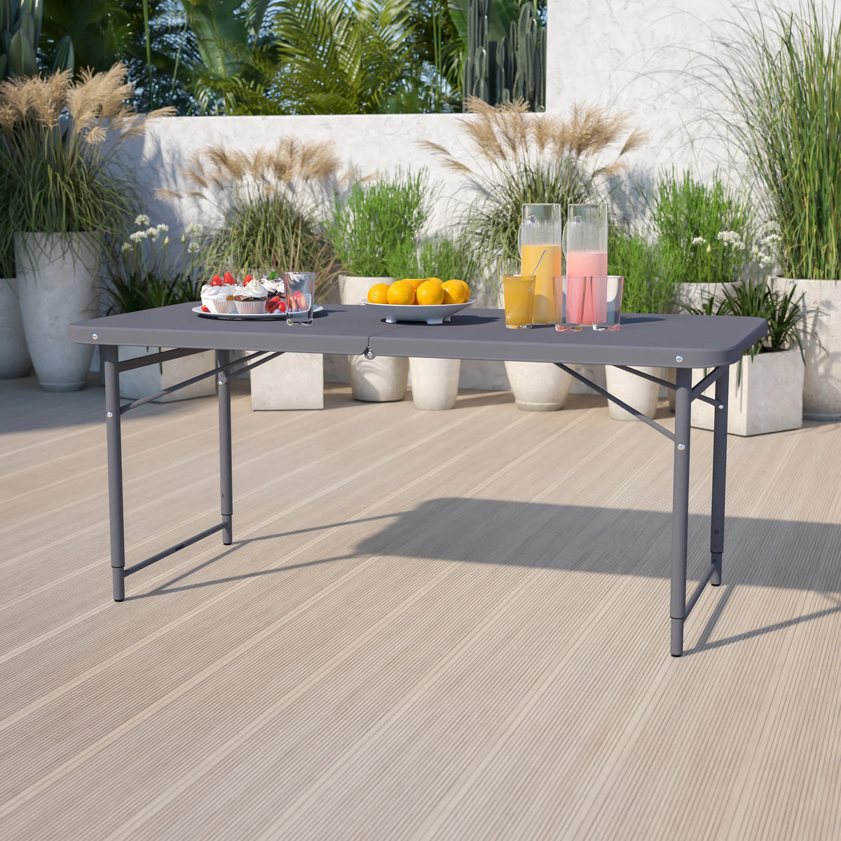 4-Foot Height Adjustable Dark Gray Plastic Folding Table with Carrying Handle M35859