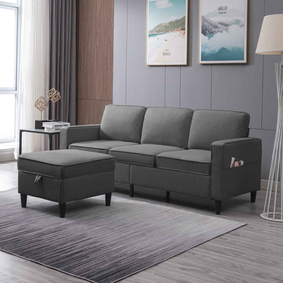 Convertible Sectional Sofa Couch, 3 Seat L Shaped Sofa with Storage Ottoman Dark Grey E259