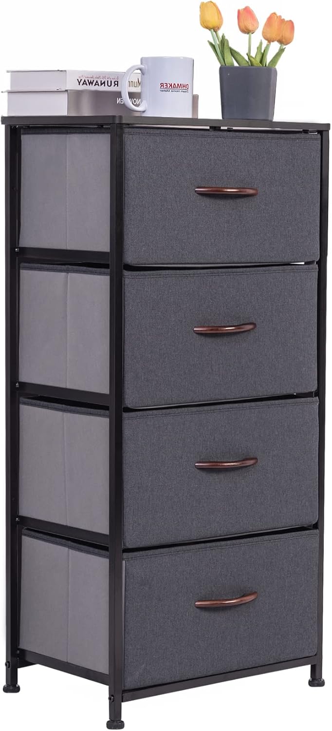 Vertical Dresser Storage Tower, Steel Frame, Wood Top, Textured Fabric Bins, 5 Drawers, BROWN X37815