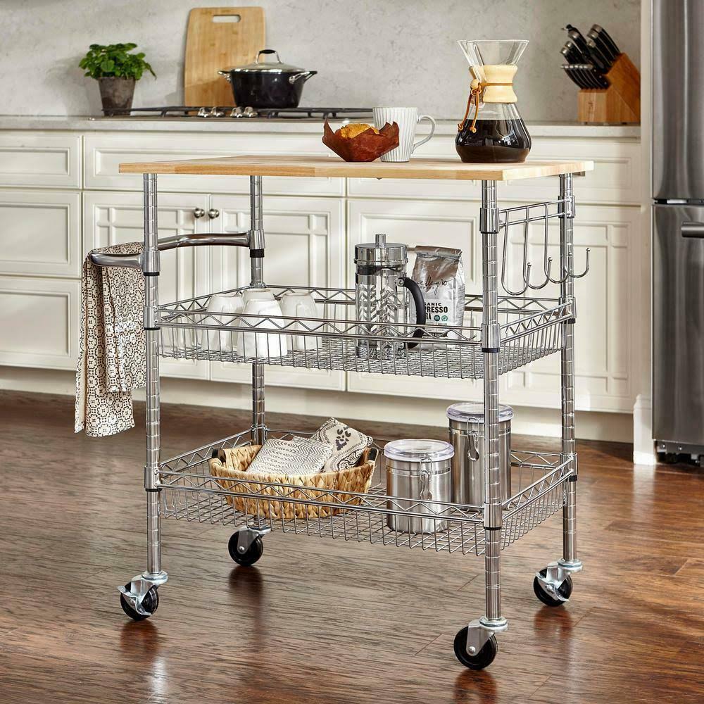 Chrome Kitchen Cart with Rubber Wood Top N54896