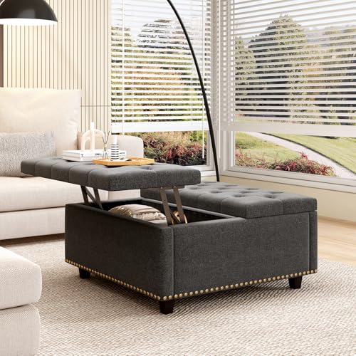 Large Square Storage Ottoman Coffee Table, Light Grey Linen Upholstered with Lift Top Z28654