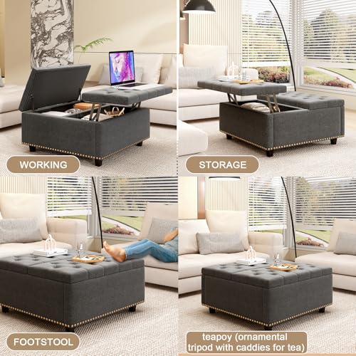 Large Square Storage Ottoman Coffee Table, Light Grey Linen Upholstered with Lift Top Z28654