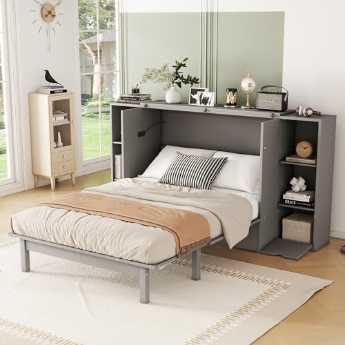 White Solid Wood Murphy Bed with Bookcase and Drawers C683
