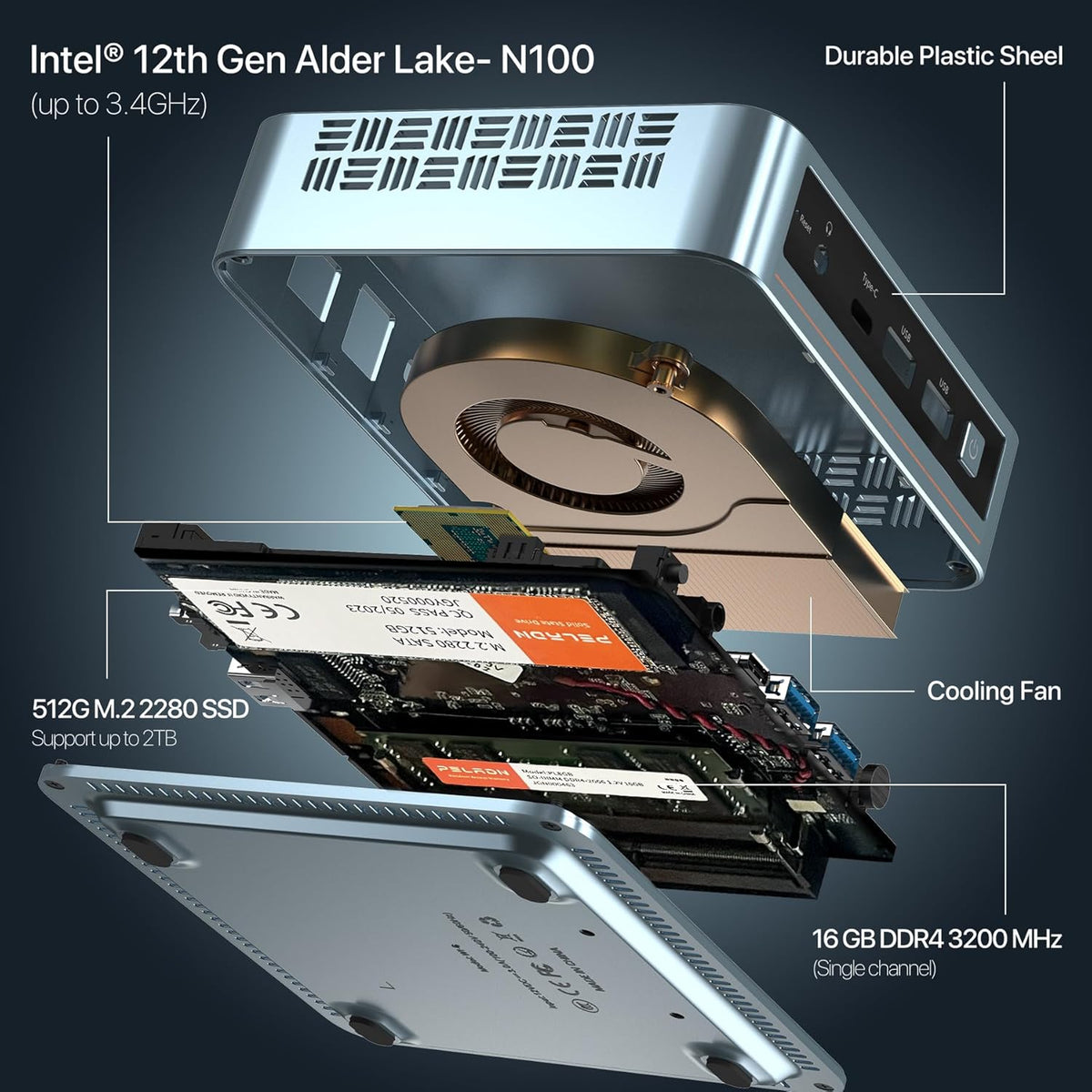 Mini PC, Intel 12th Gen N100, 16GB DDR4 RAM 512GB M.2 PCIe SSD T75103