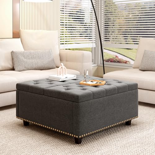 Large Square Storage Ottoman Coffee Table, Light Grey Linen Upholstered with Lift Top Z28654