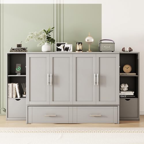 White Solid Wood Murphy Bed with Bookcase and Drawers C683