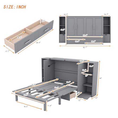 White Solid Wood Murphy Bed with Bookcase and Drawers C683