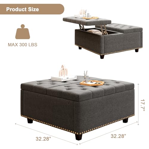 Large Square Storage Ottoman Coffee Table, Light Grey Linen Upholstered with Lift Top Z28654