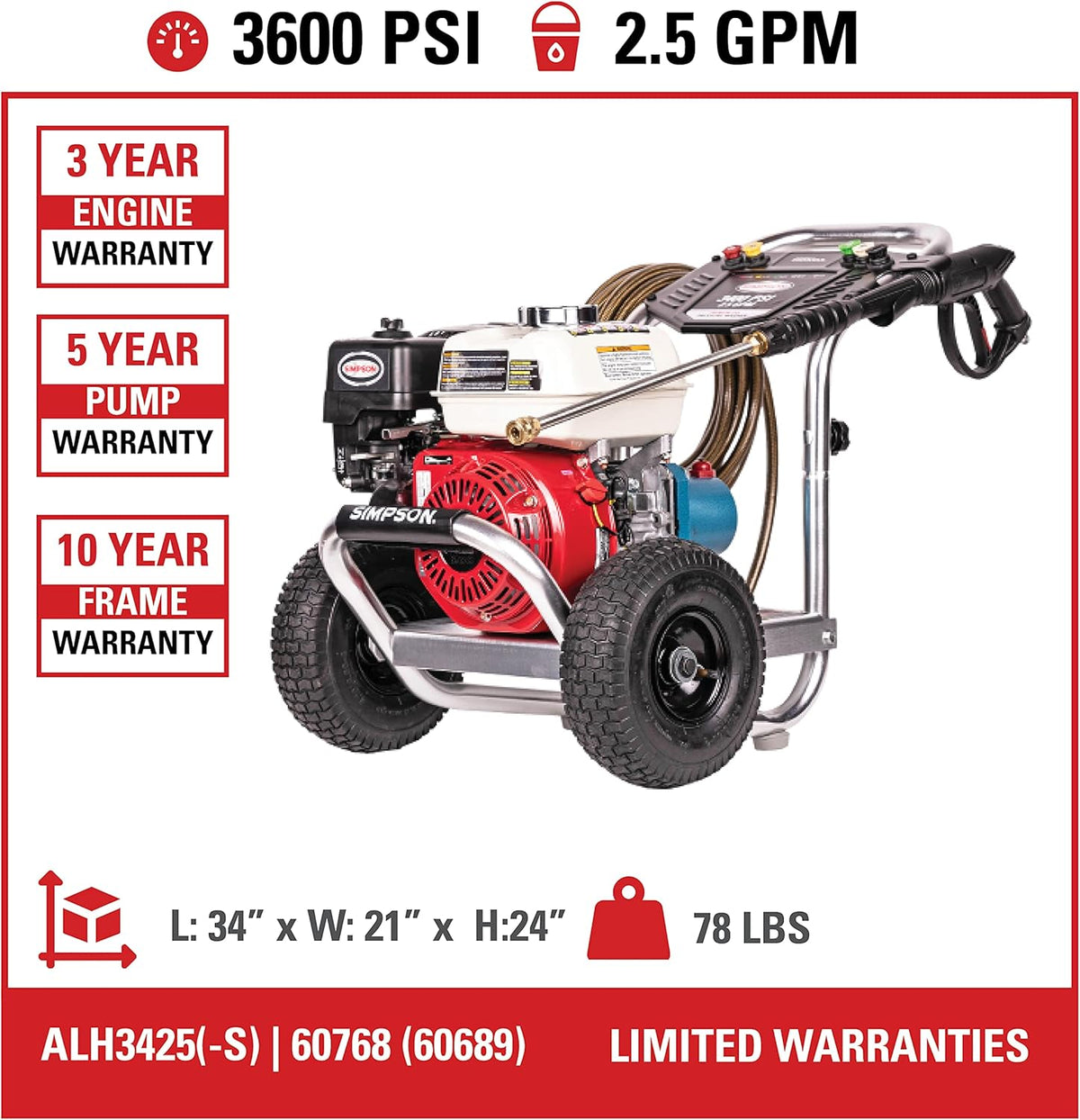 Aluminum Gas Pressure Washer, 3600 PSI @ 2.5 GPM C5690