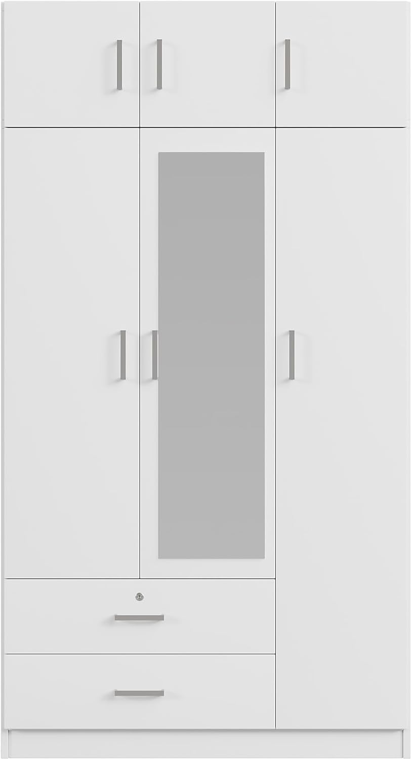 White 3-Door Mirror Wardrobe Closet with 2 Drawers E5133