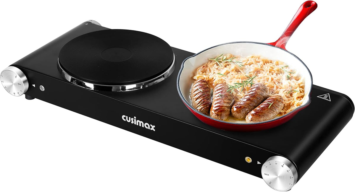Double Burner 1800W Electric Hot Plate Cast Iron Black Stainless Steel G891
