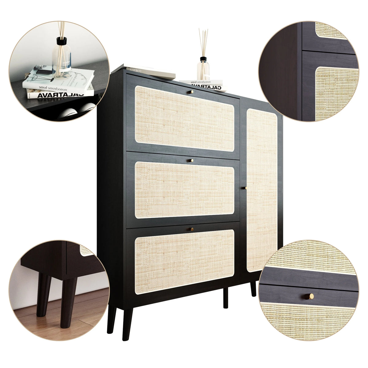 48" Wide Black Wood Shoe Cabinet with 3 Flip Doors V230033