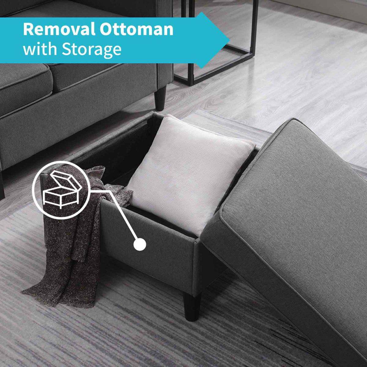 Convertible Sectional Sofa Couch, 3 Seat L Shaped Sofa with Storage Ottoman Dark Grey E259