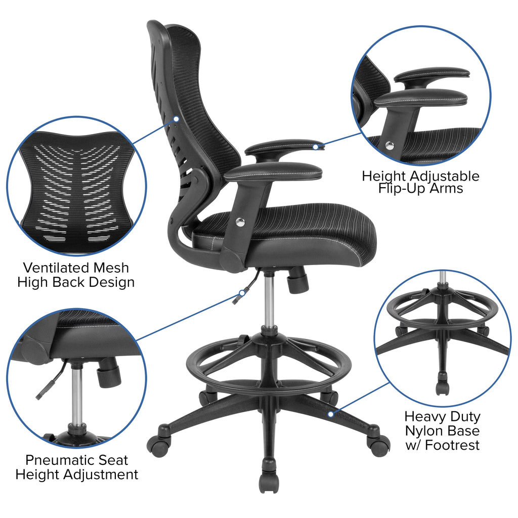 High Back Mesh Drafting Chair with Adjustable Arms D647