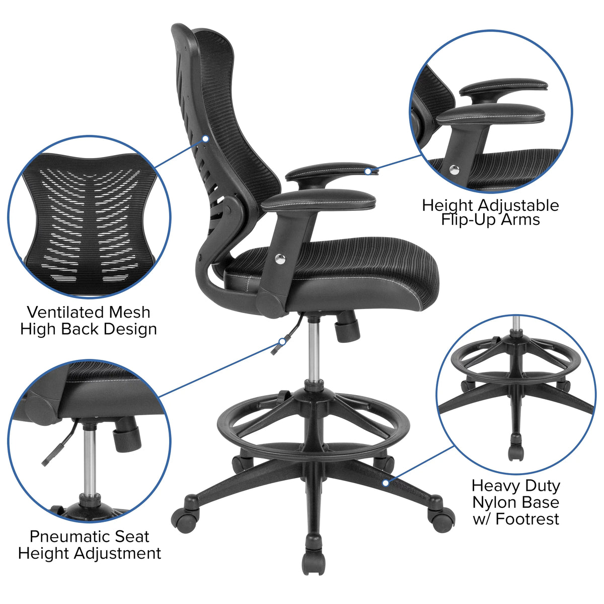 High Back Mesh Drafting Chair with Adjustable Arms D647
