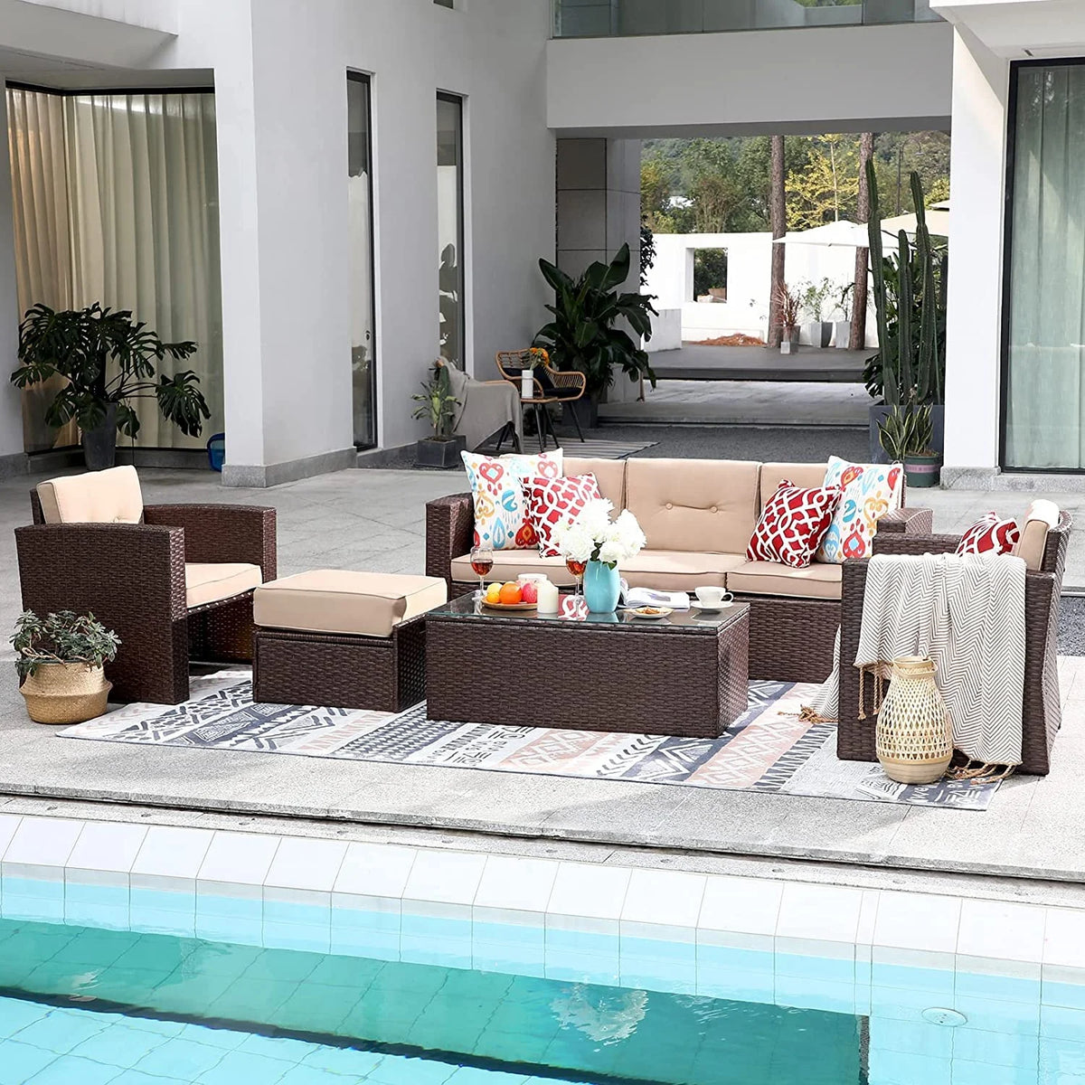 7 Piece PE Wicker Sofa Ottoman with 3 Red Pillows C996180