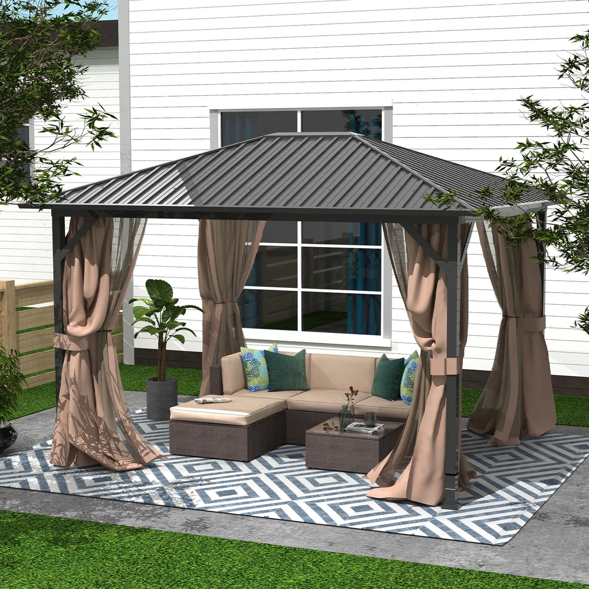10' x 12' Hardtop Metal Gazebo with Netting and Curtains H2516