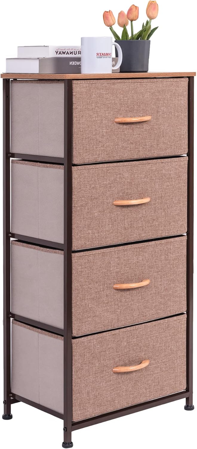 Vertical Dresser Storage Tower, Steel Frame, Wood Top, Textured Fabric Bins, 5 Drawers, BROWN X37815
