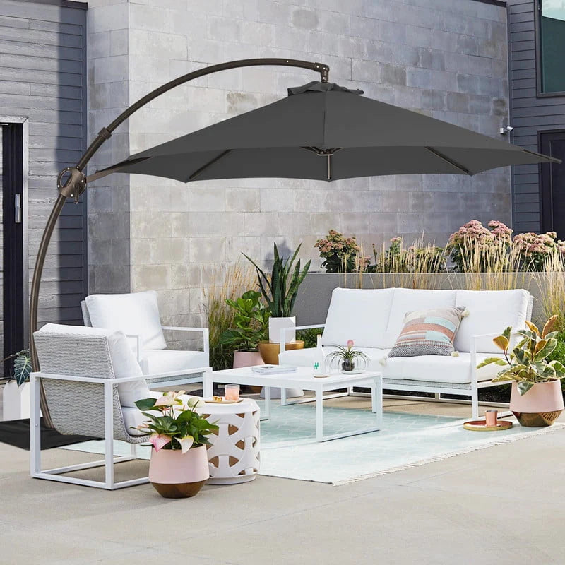 11ft Curvy Cantilever Offset Hanging Patio Umbrella with Base, Beige E7584