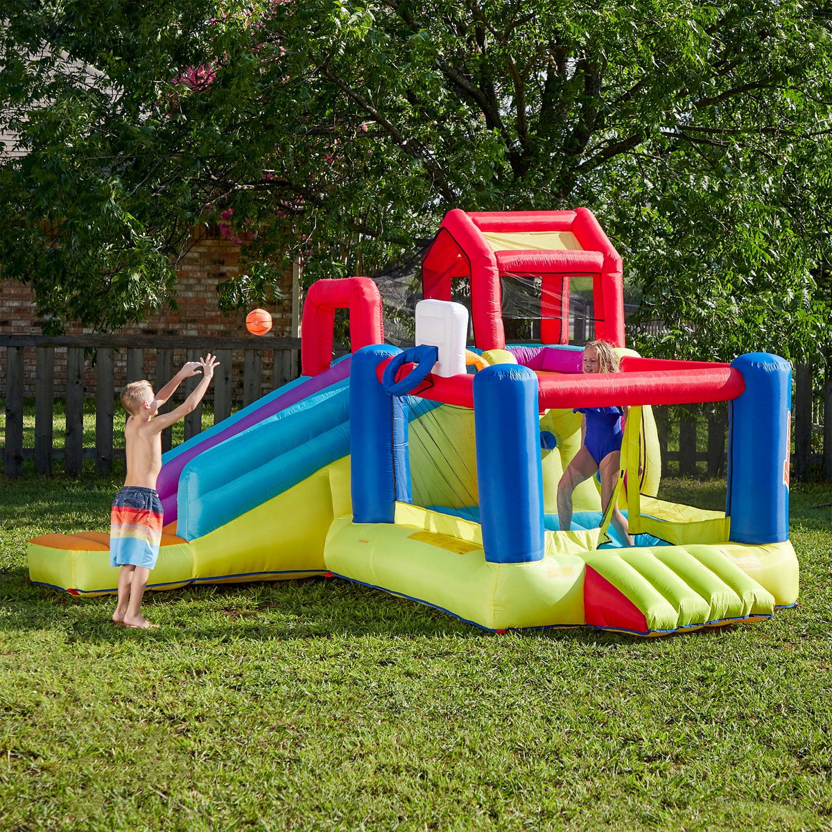 Outdoor Bounce House with Slide, Climbing Wall & 2 Sports Activities P557