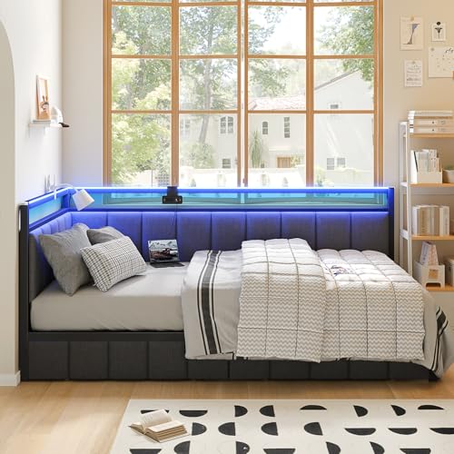 Gray Twin Size Corner Bed Frame with Storage Drawers Y734704