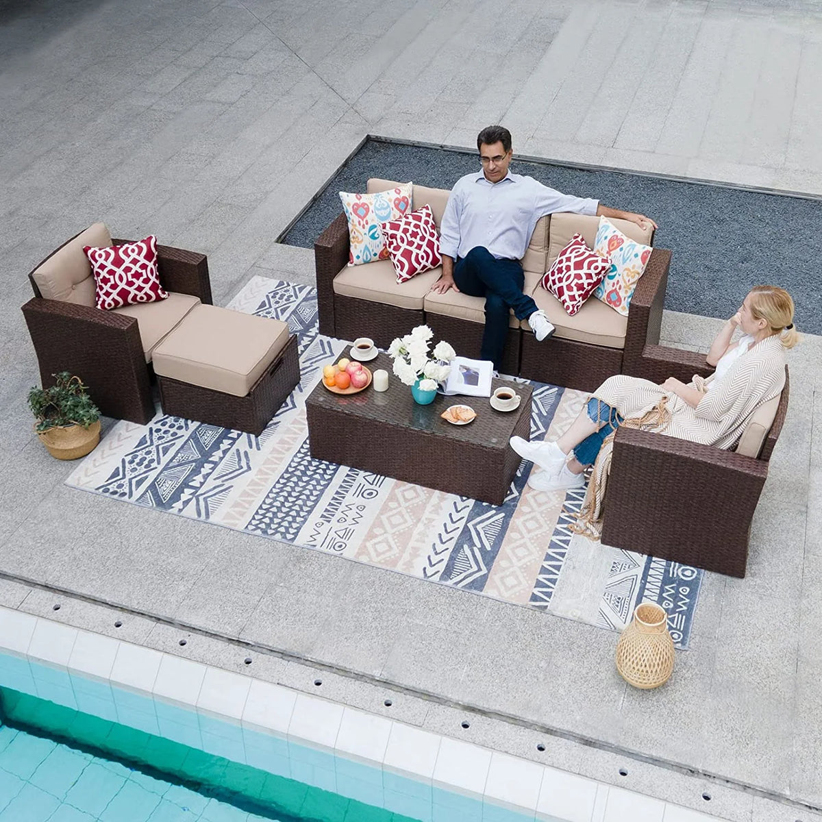 7 Piece PE Wicker Sofa Ottoman with 3 Red Pillows C996180