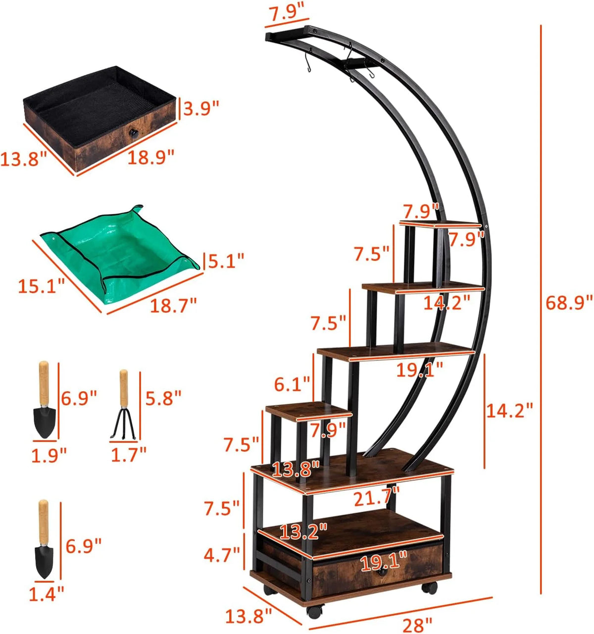 7-Tier Half Moon Plant Stand with Lockable Wheels, 71" Tall Plant Shelf with Drawer, 2 pieces J476840