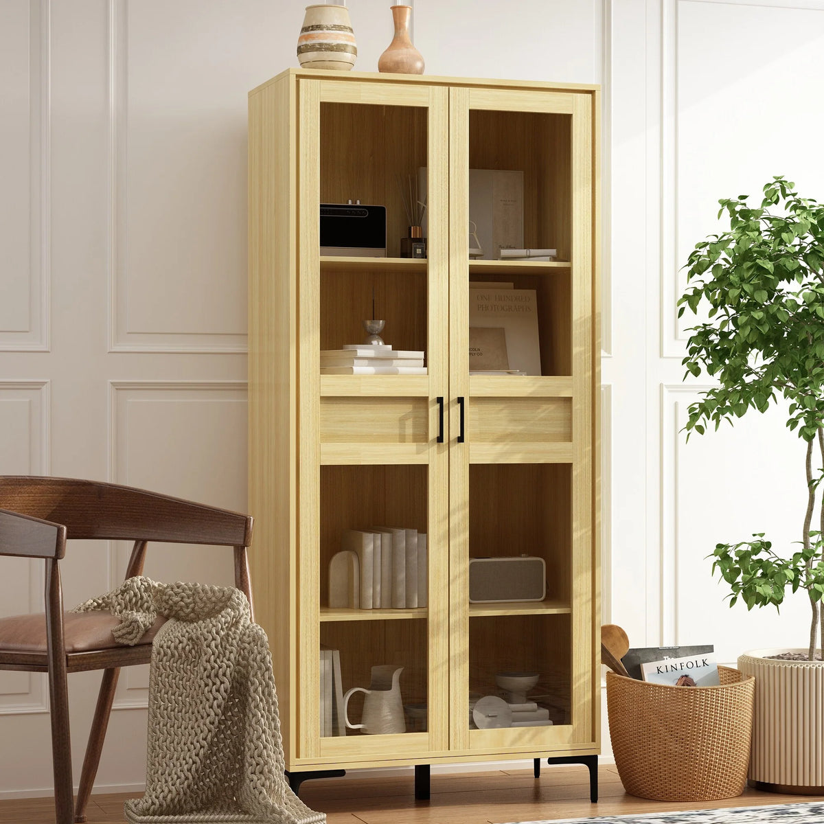 Glass Door Curio Cabinet Light Wood Finish Bookshelf F4255