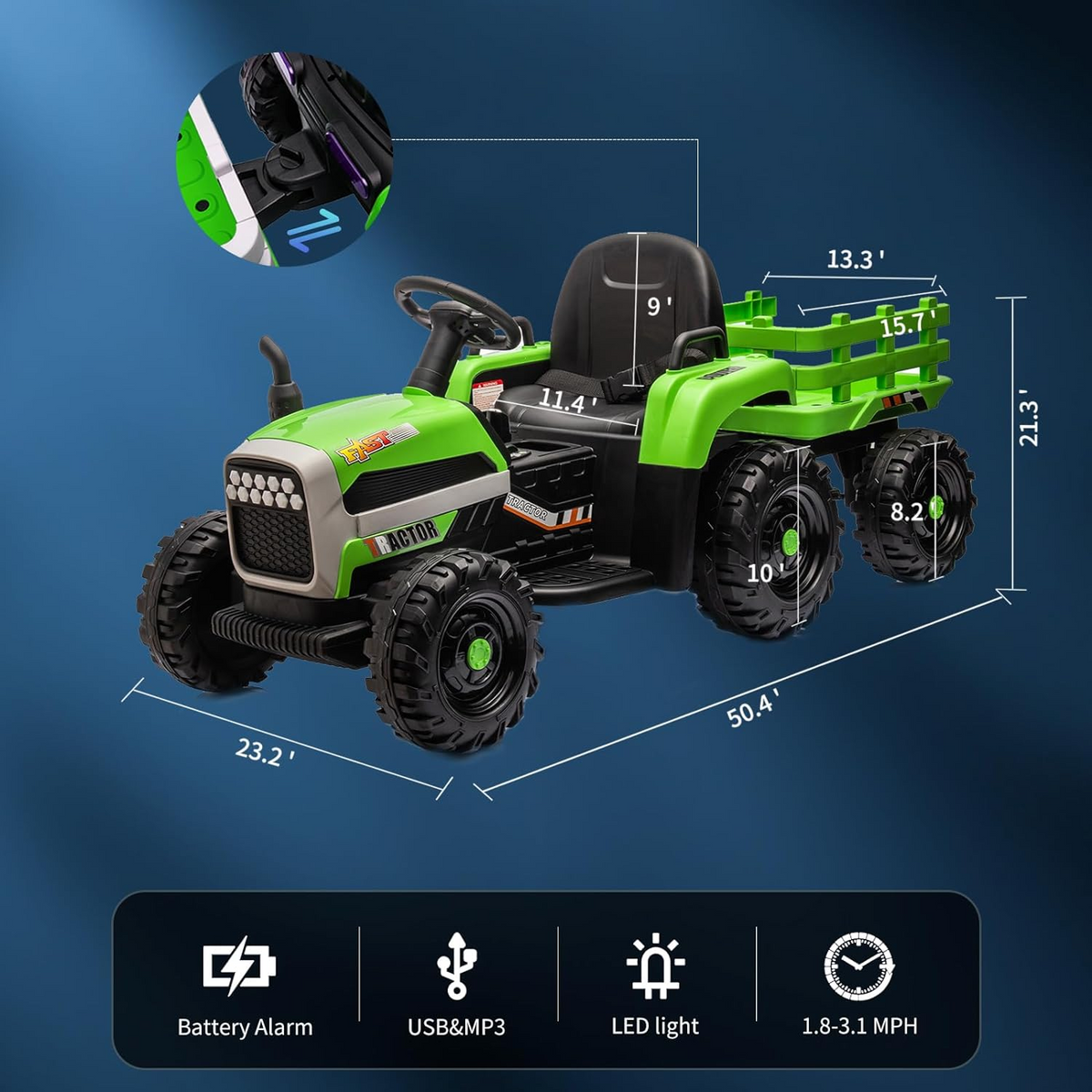 Green 12V 7AH Electric Tractor Ride on Car with Trailer M346117