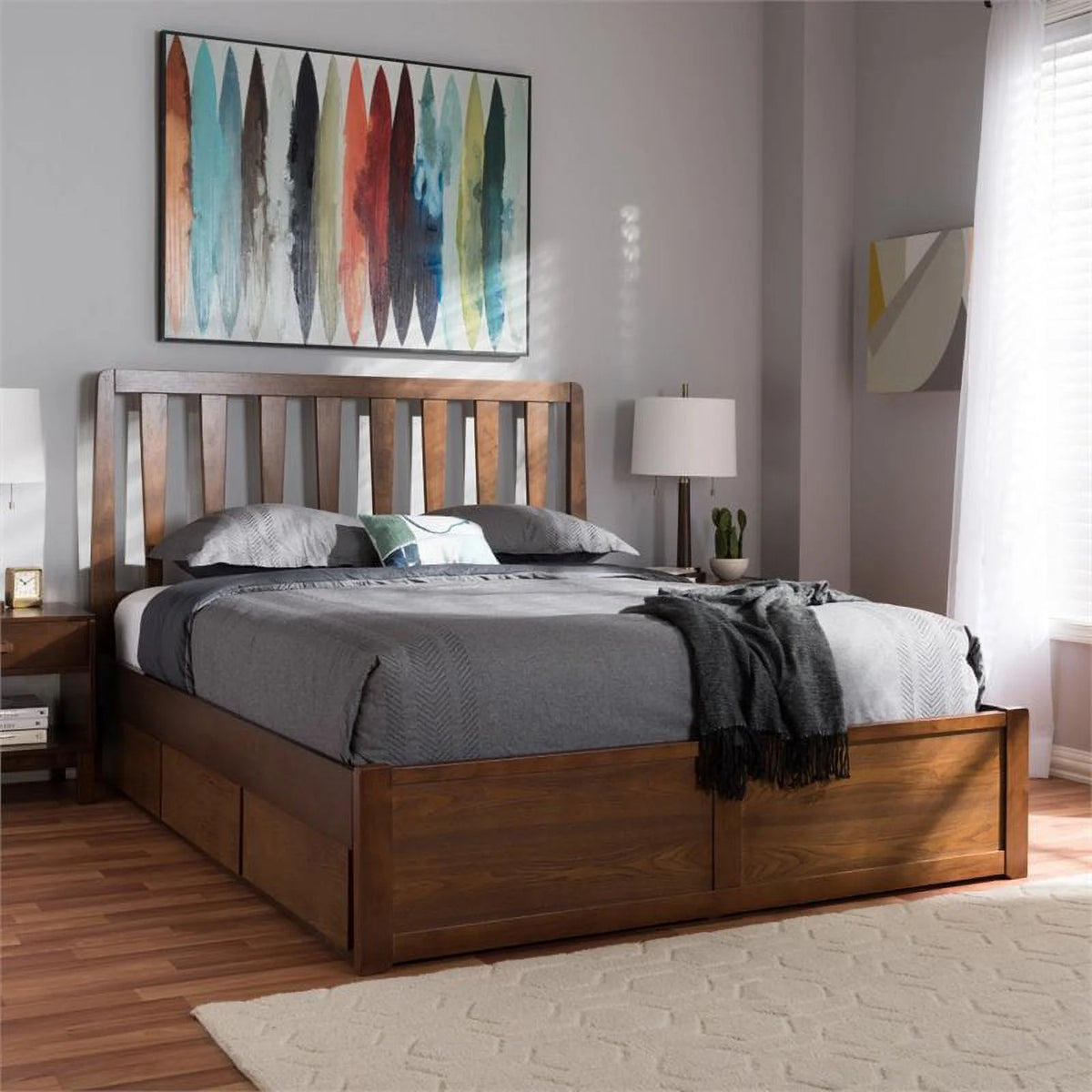 Queen Spindle Storage Platform Bed in Walnut Brown F32190