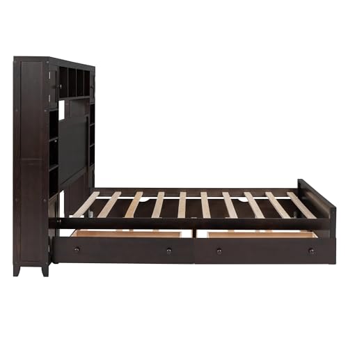 White Full Size Platform Bed with Bookcase Headboard and Storage Drawers N690