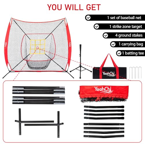 7×7FT Baseball Net with Batting Tee and Strike Zone Target C4002