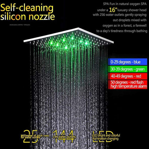 16 Inch Square Ceiling Mounted Thermostatic Rainfall LED Shower With Body Jets T751729