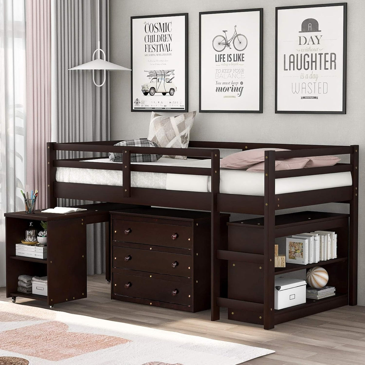Gray Solid Wood Twin-Size Low Loft Bed Frame with Ladder M106605