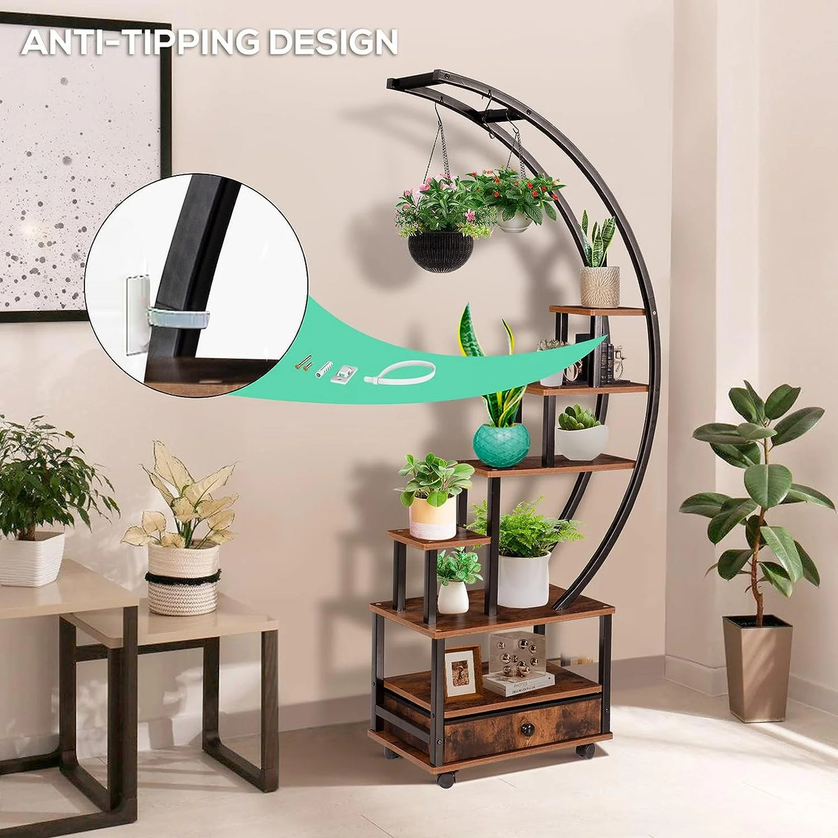 7-Tier Half Moon Plant Stand with Lockable Wheels, 71" Tall Plant Shelf with Drawer, 2 pieces J476840