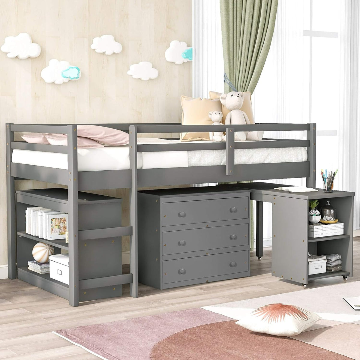 Gray Solid Wood Twin-Size Low Loft Bed Frame with Ladder M106605