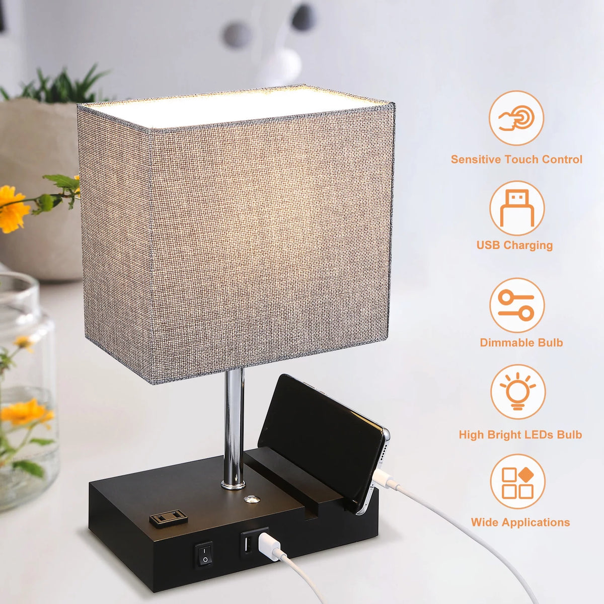 Bedside Table Lamp with USB Charging Ports and AC Outlets O7084